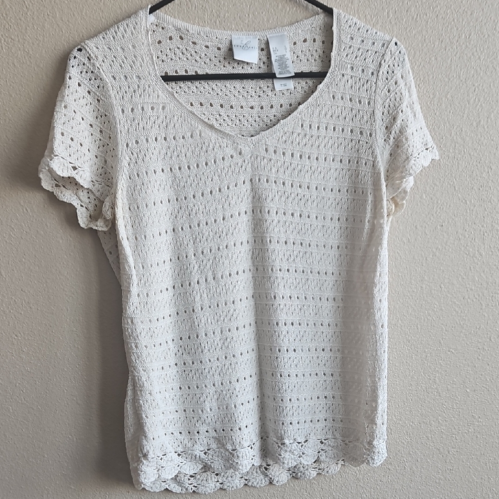 Emma James Cream Crochet Short-Sleeve V-Neck Top